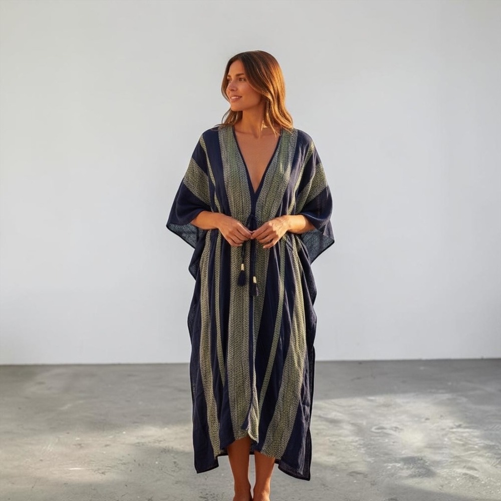 Free People Emerald Coast Blue Striped Kaftan Kimono Drawstring Tassel One Size - Picture 12 of 16